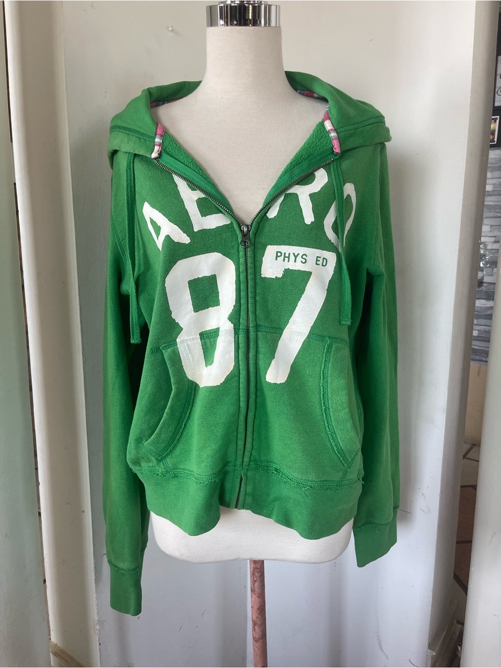 Aeropostale Green Zip-Up Hoodie with White Varsity Graphics